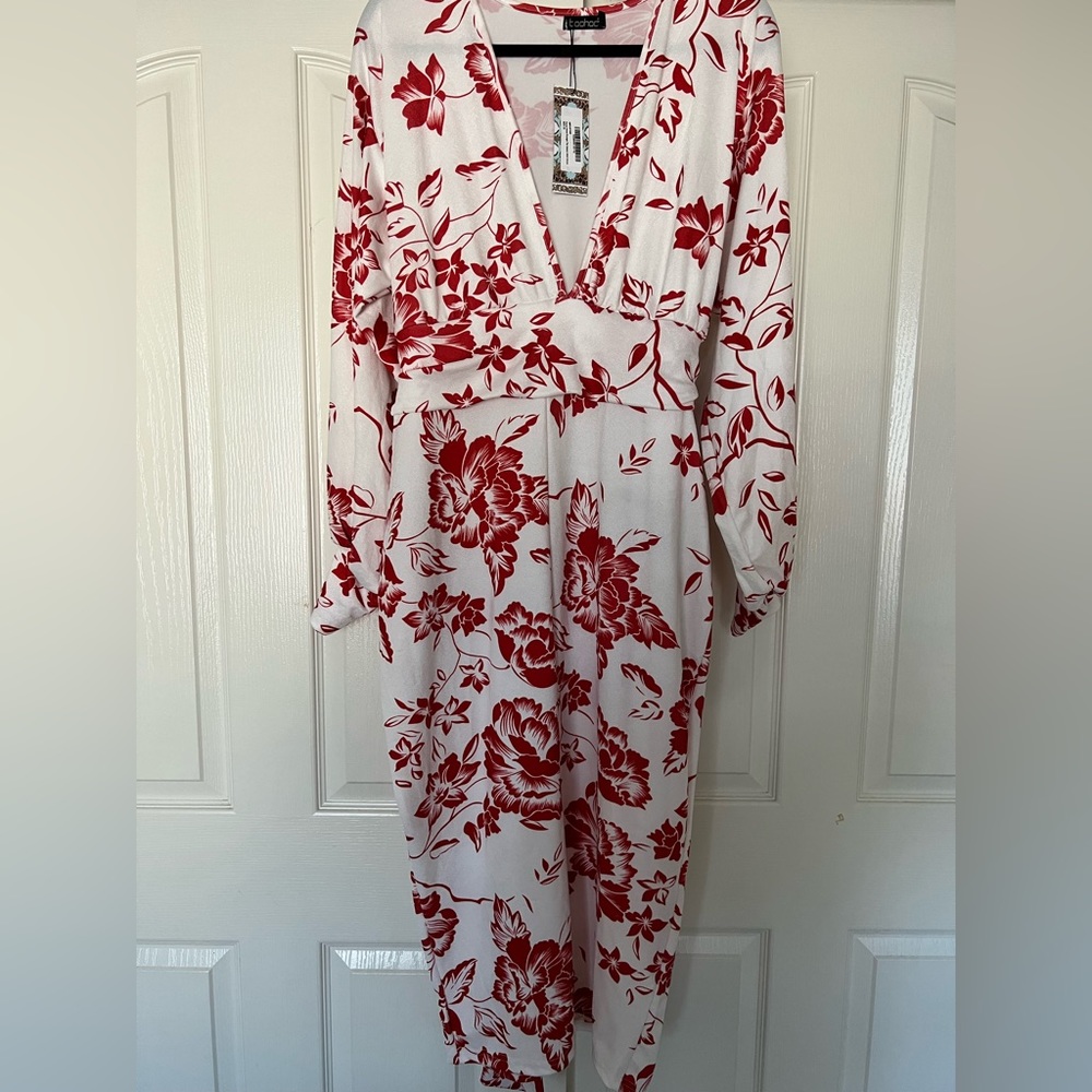 Floral Print Plunge Tie Waist Midi Dress